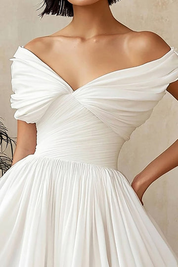 Off the Shoulder A Line Ruched White Graduation Dress
